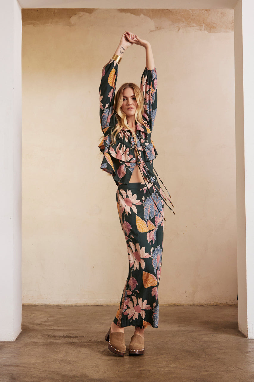 PRINTED LONG SLEEVE BLOUSE WITH EMBROIDERY - GREEN