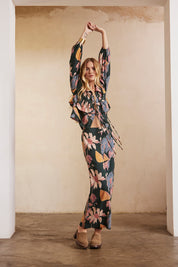 PRINTED LONG SLEEVE BLOUSE WITH EMBROIDERY - GREEN