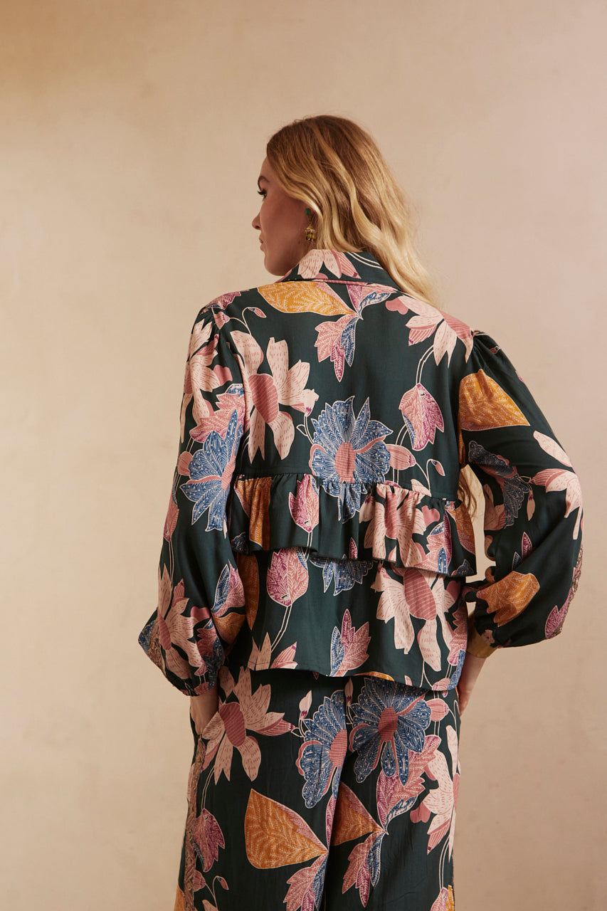 PRINTED LONG SLEEVE BLOUSE WITH EMBROIDERY - GREEN