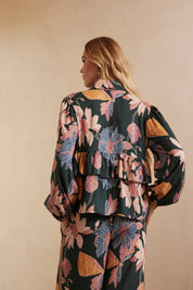 PRINTED LONG SLEEVE BLOUSE WITH EMBROIDERY - GREEN