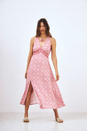 EMBROIDERED PRINTED MAXI DRESS - PINK