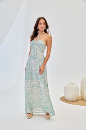 TWO-TONE HALTER CROSSOVER DRESS - BLUE