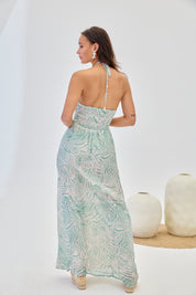 TWO-TONE HALTER CROSSOVER DRESS - BLUE