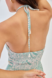 TWO-TONE HALTER CROSSOVER DRESS - BLUE