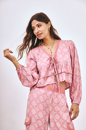 PRINTED RUFFLED BLOUSE - PINK