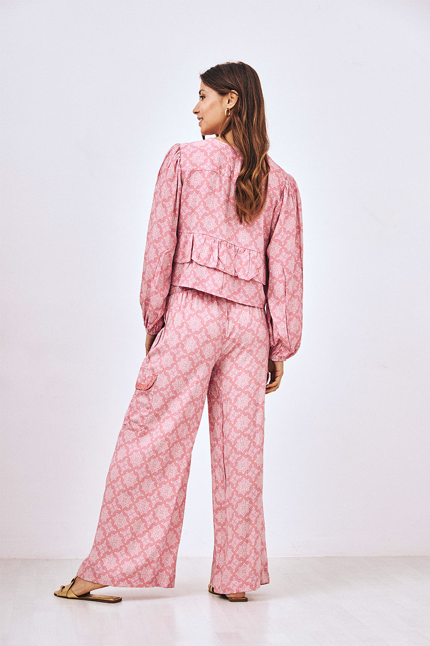 PRINTED RUFFLED BLOUSE - PINK