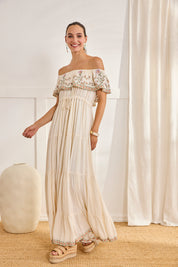 LONG DRESS WITH BOAT NECK - OFF-WHITE