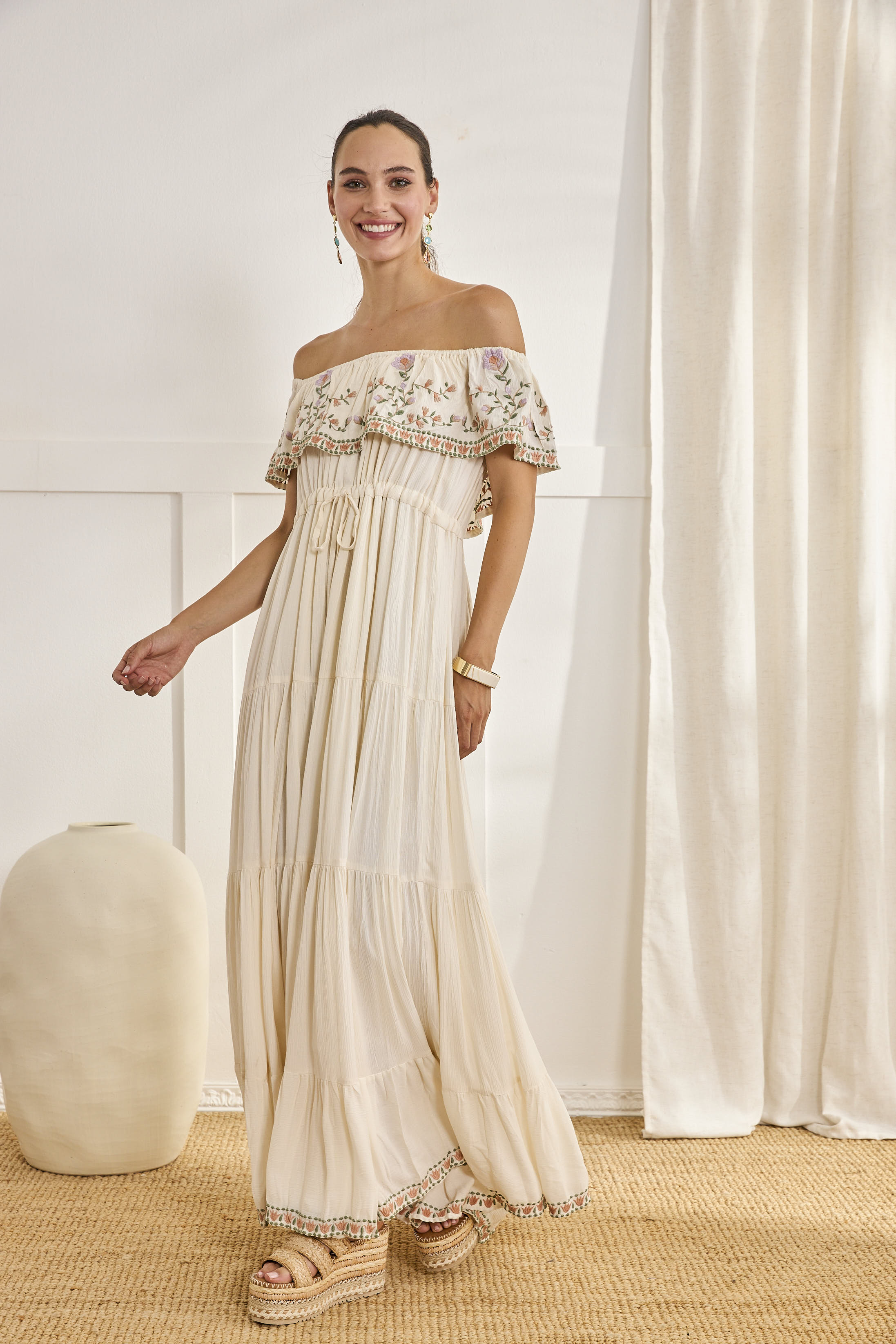 LONG DRESS WITH BOAT NECK - OFF-WHITE