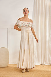 LONG DRESS WITH BOAT NECK - OFF-WHITE