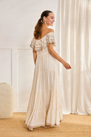 LONG DRESS WITH BOAT NECK - OFF-WHITE