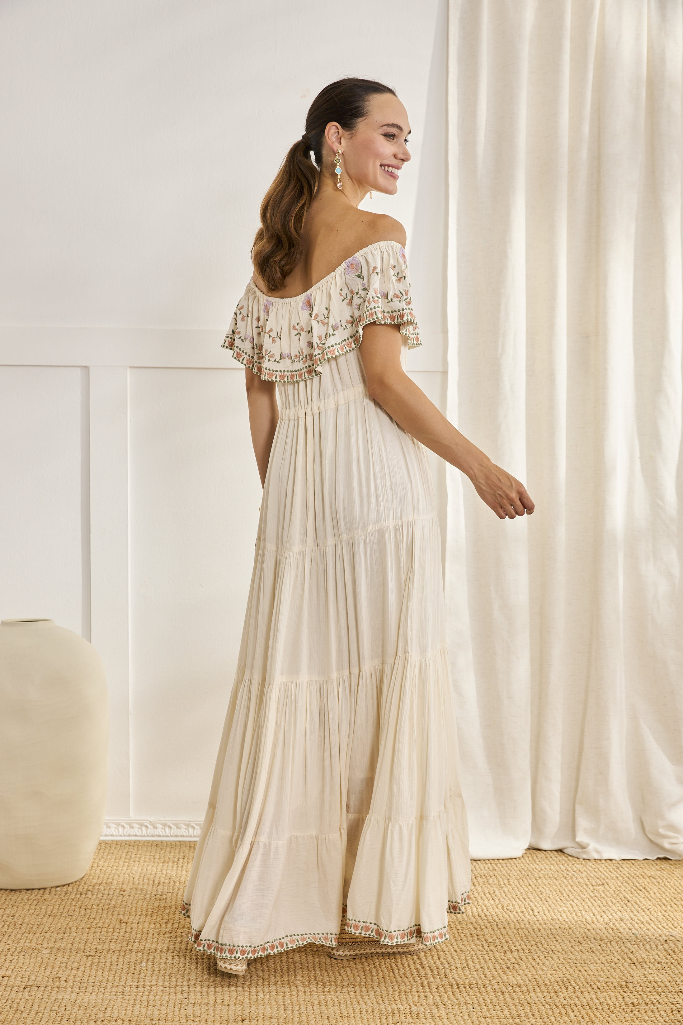 LONG DRESS WITH BOAT NECK - OFF-WHITE