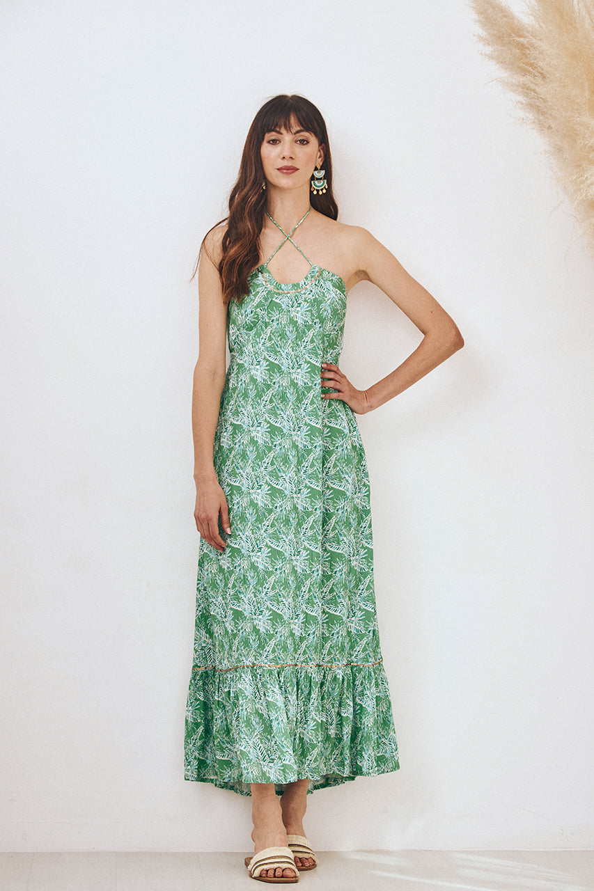 EMBROIDERED PRINT HALTER MIDI DRESS - GREEN