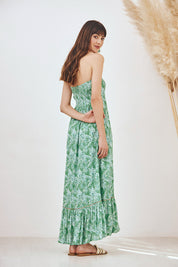 EMBROIDERED PRINT HALTER MIDI DRESS - GREEN