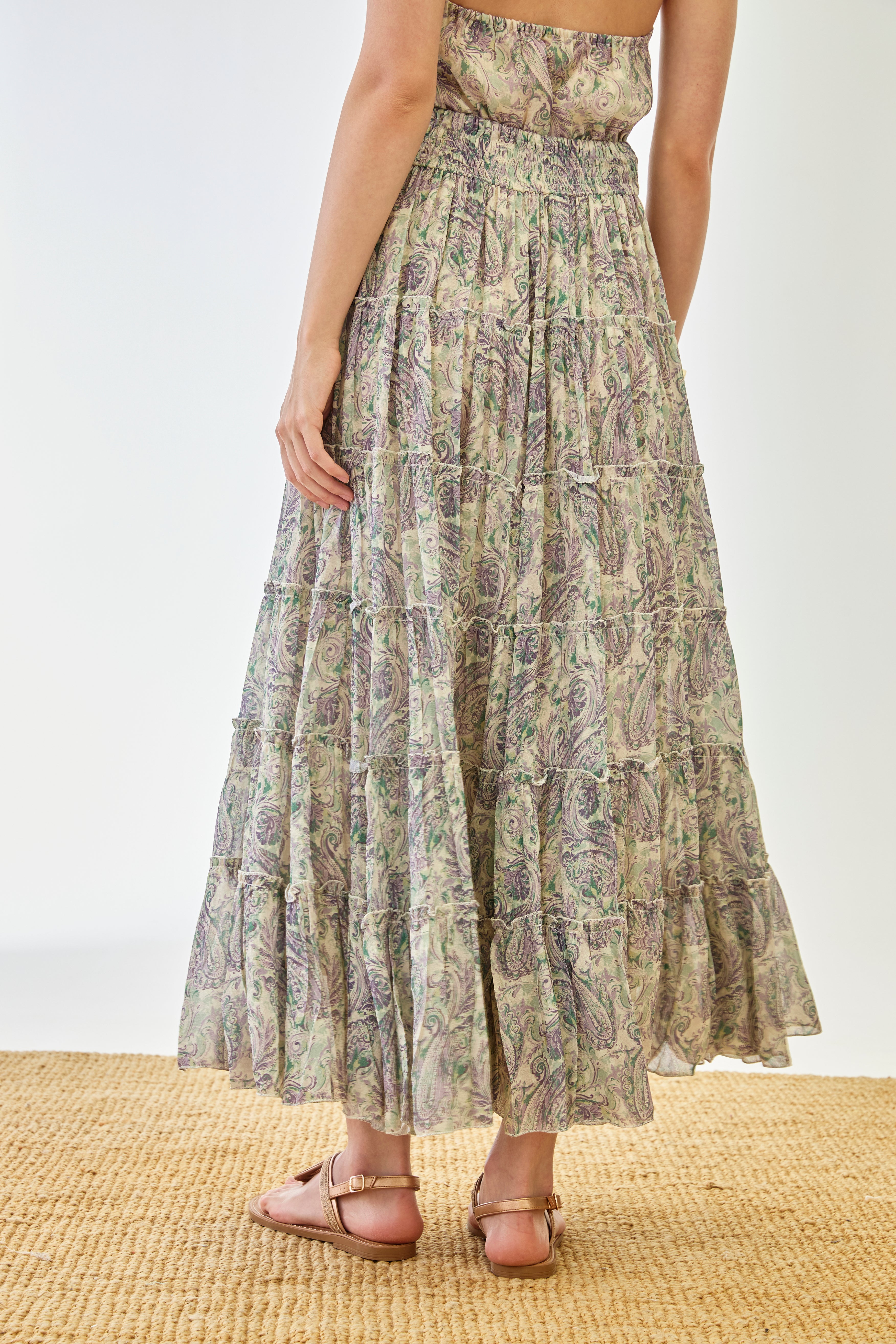 PAISLEY SKIRT WITH EMBROIDERED RUFFLES AND WAISTBAND - VIOLET