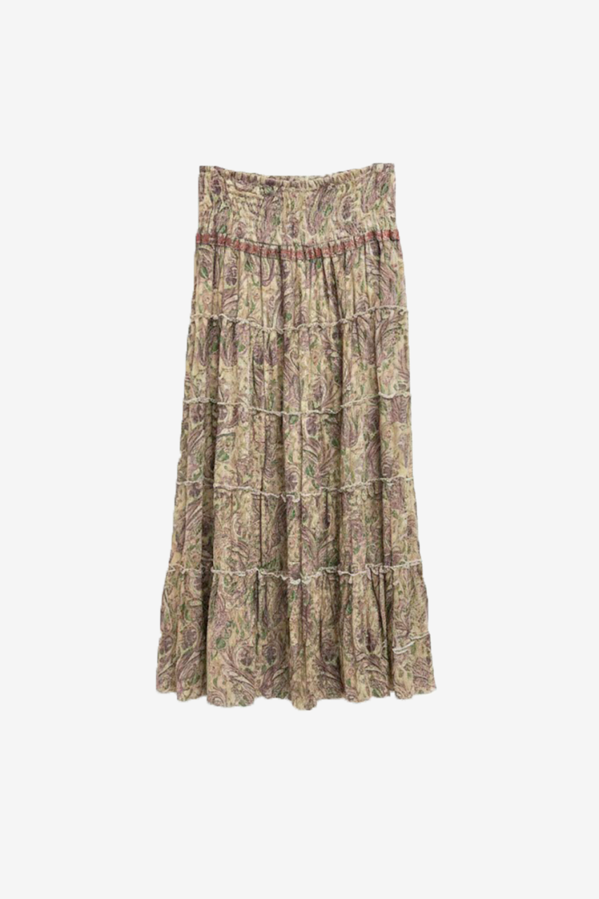 PAISLEY SKIRT WITH EMBROIDERED RUFFLES AND WAISTBAND - VIOLET