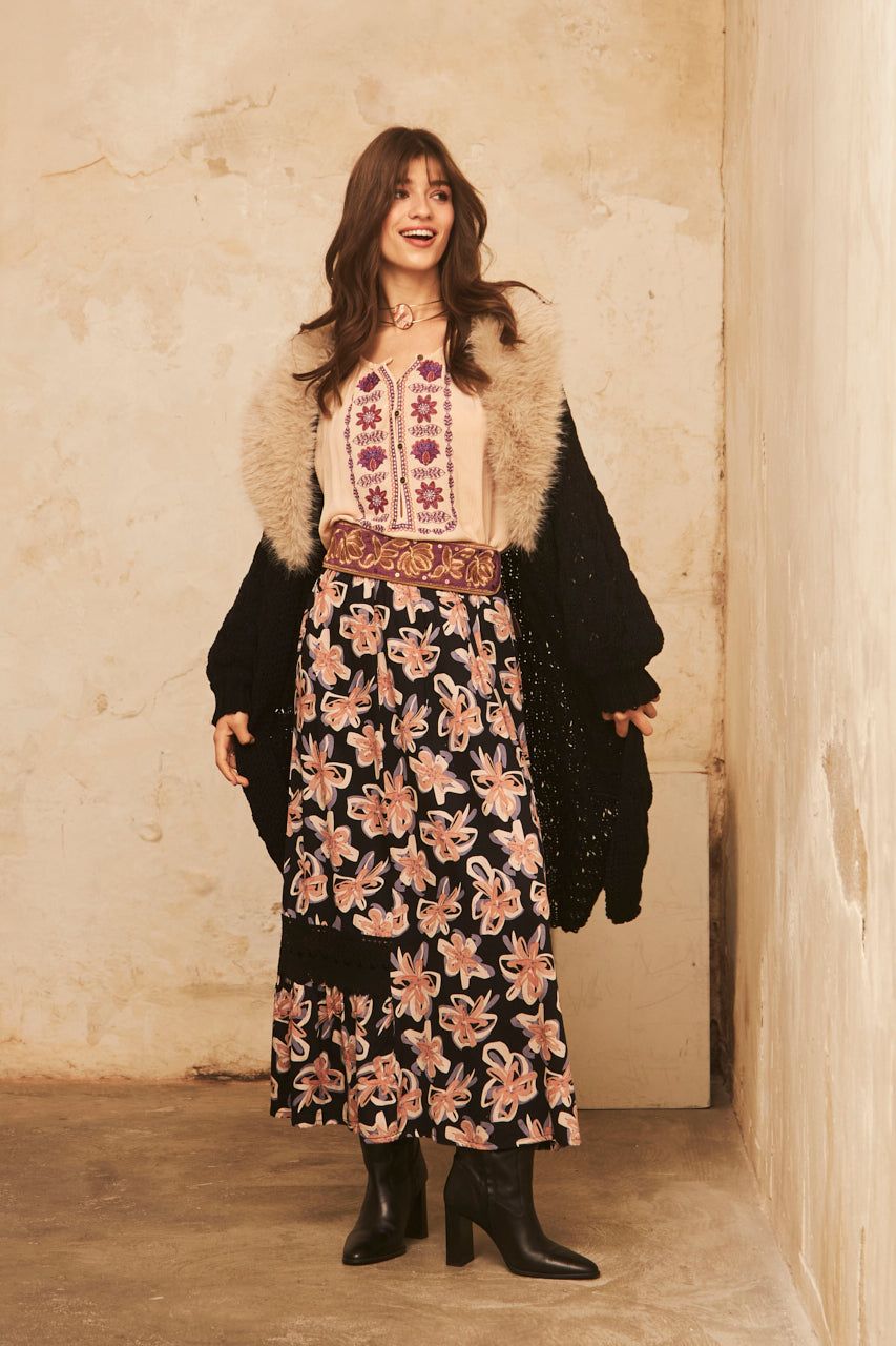 FALDA LARGA ESTAMPADA CON BLONDA - BLACK