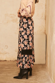 FALDA LARGA ESTAMPADA CON BLONDA - BLACK