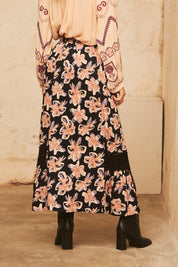 FALDA LARGA ESTAMPADA CON BLONDA - BLACK