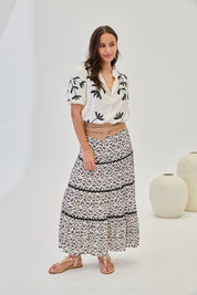 TWO-TONE MAO STYLE SHORT SLEEVE BLOUSE - WHITE