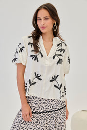 TWO-TONE MAO STYLE SHORT SLEEVE BLOUSE - WHITE