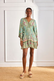 SHORT CAFTAN DRESS WITH FLORAL RUFFLE - BLUE