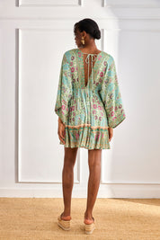 SHORT CAFTAN DRESS WITH FLORAL RUFFLE - BLUE