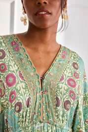 SHORT CAFTAN DRESS WITH FLORAL RUFFLE - BLUE