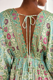 SHORT CAFTAN DRESS WITH FLORAL RUFFLE - BLUE