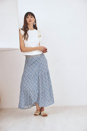 FALDA PAREO MIDI CON ESTAMPADO BORDADO - AZUL