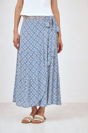 FALDA PAREO MIDI CON ESTAMPADO BORDADO - AZUL