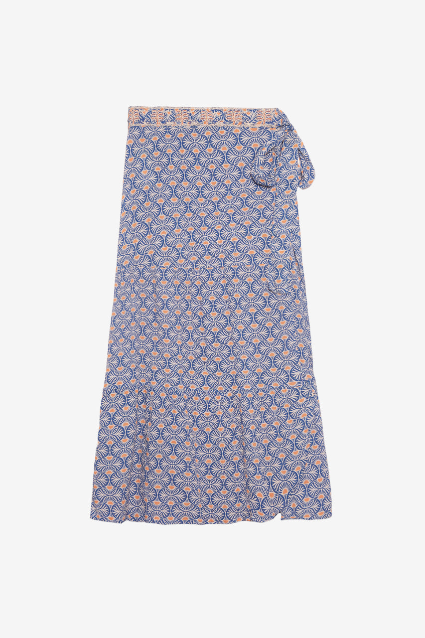 FALDA PAREO MIDI CON ESTAMPADO BORDADO - AZUL