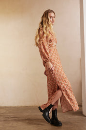 Long-sleeved printed dress with embroidery - Brick