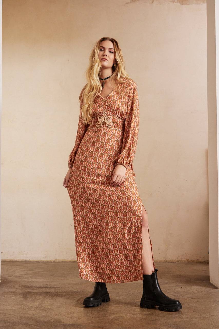 Long-sleeved printed dress with embroidery - Brick