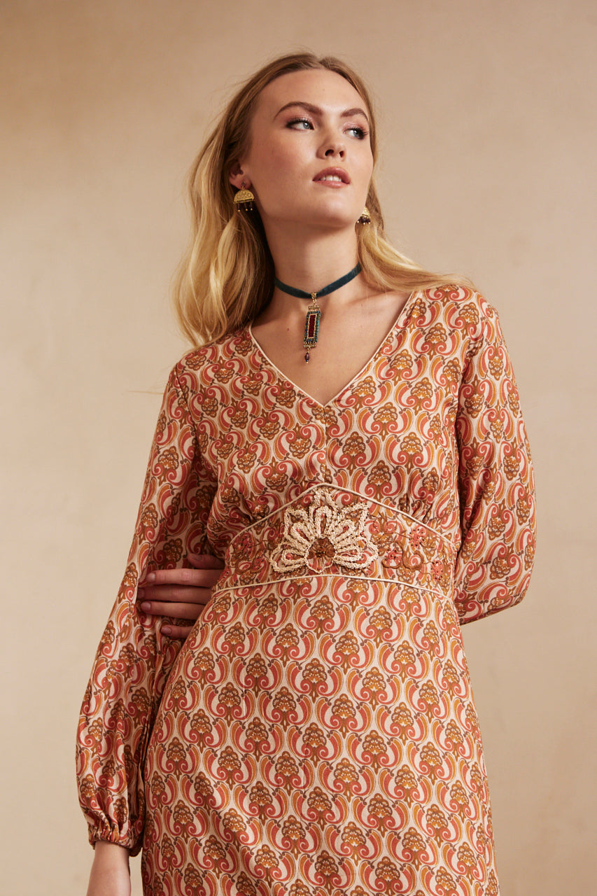 Long-sleeved printed dress with embroidery - Brick