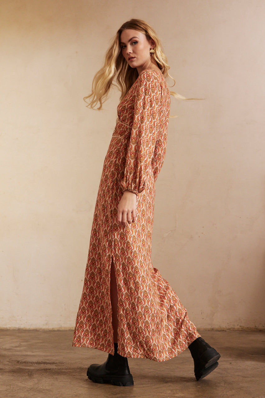 Long-sleeved printed dress with embroidery - Brick
