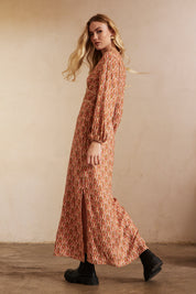 Long-sleeved printed dress with embroidery - Brick