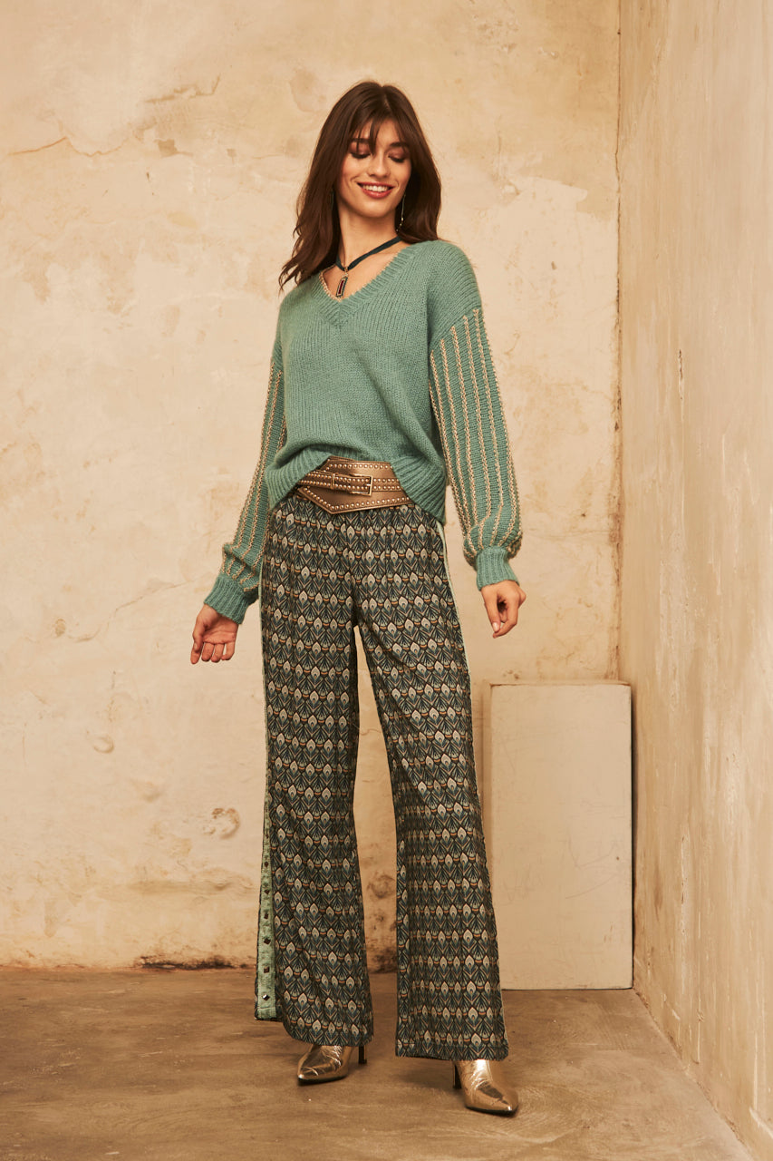 Straight-leg fluid trousers with embroidery print - Green