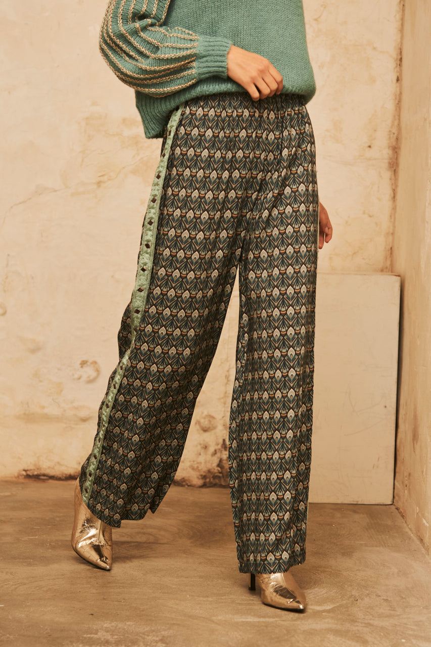 Straight-leg fluid trousers with embroidery print - Green