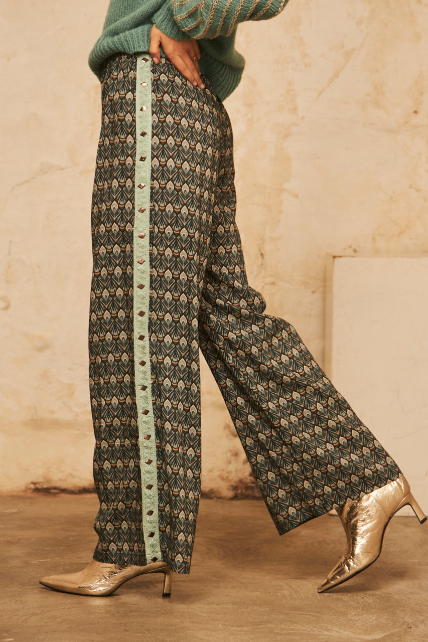 Straight-leg fluid trousers with embroidery print - Green