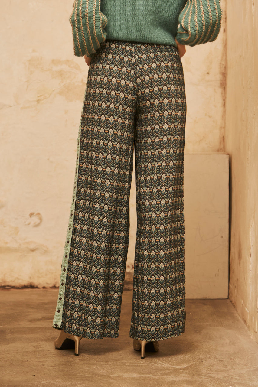 Straight-leg fluid trousers with embroidery print - Green