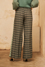 Straight-leg fluid trousers with embroidery print - Green