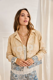 MIXED FLORAL FABRIC JACKET - CAMEL