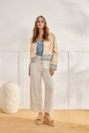 MIXED FLORAL FABRIC JACKET - CAMEL