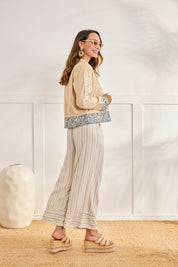 MIXED FLORAL FABRIC JACKET - CAMEL