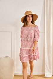 VESTIDO CORTO FLORES ESCOTE BARDOT - ROSA