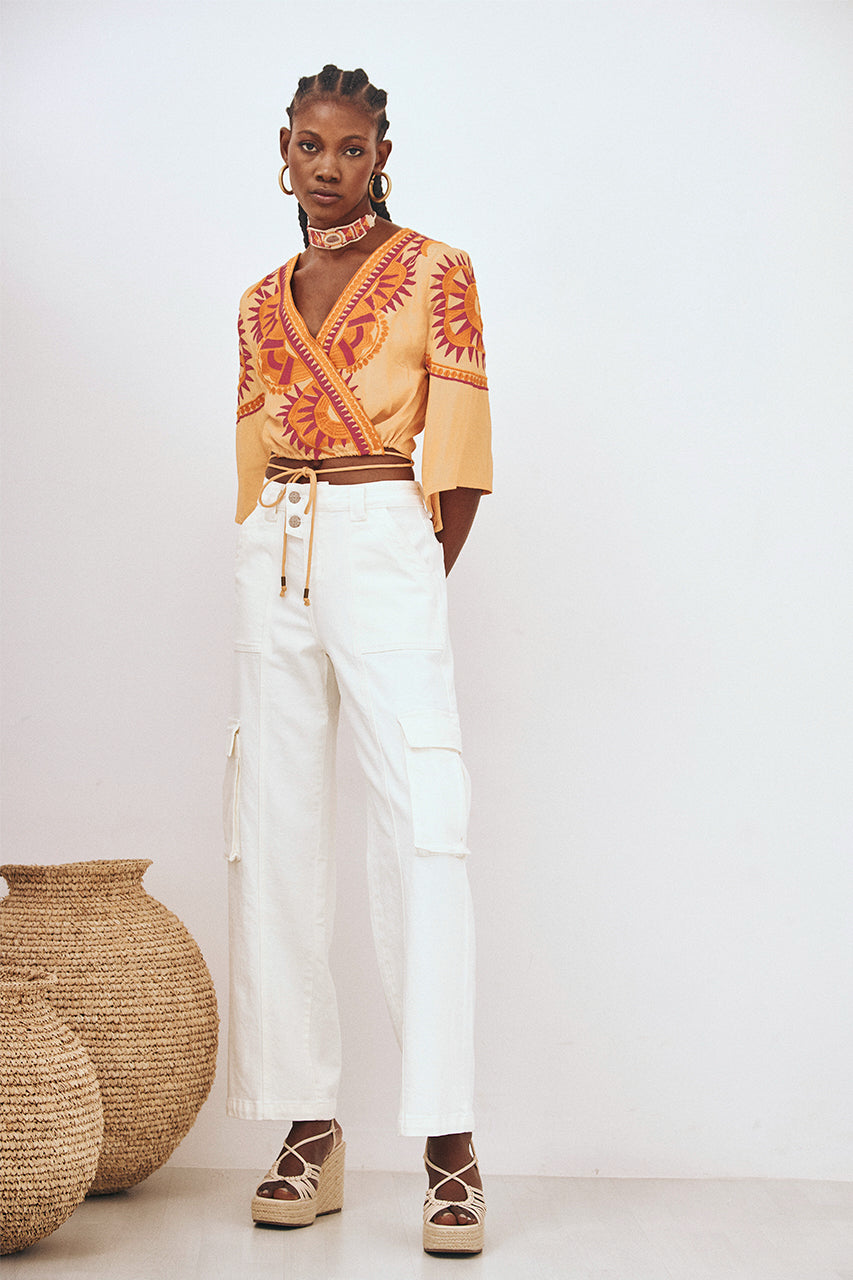 EMBROIDERED WRAP CROP TOP - PEACH