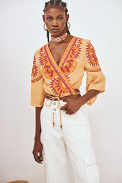 EMBROIDERED WRAP CROP TOP - PEACH