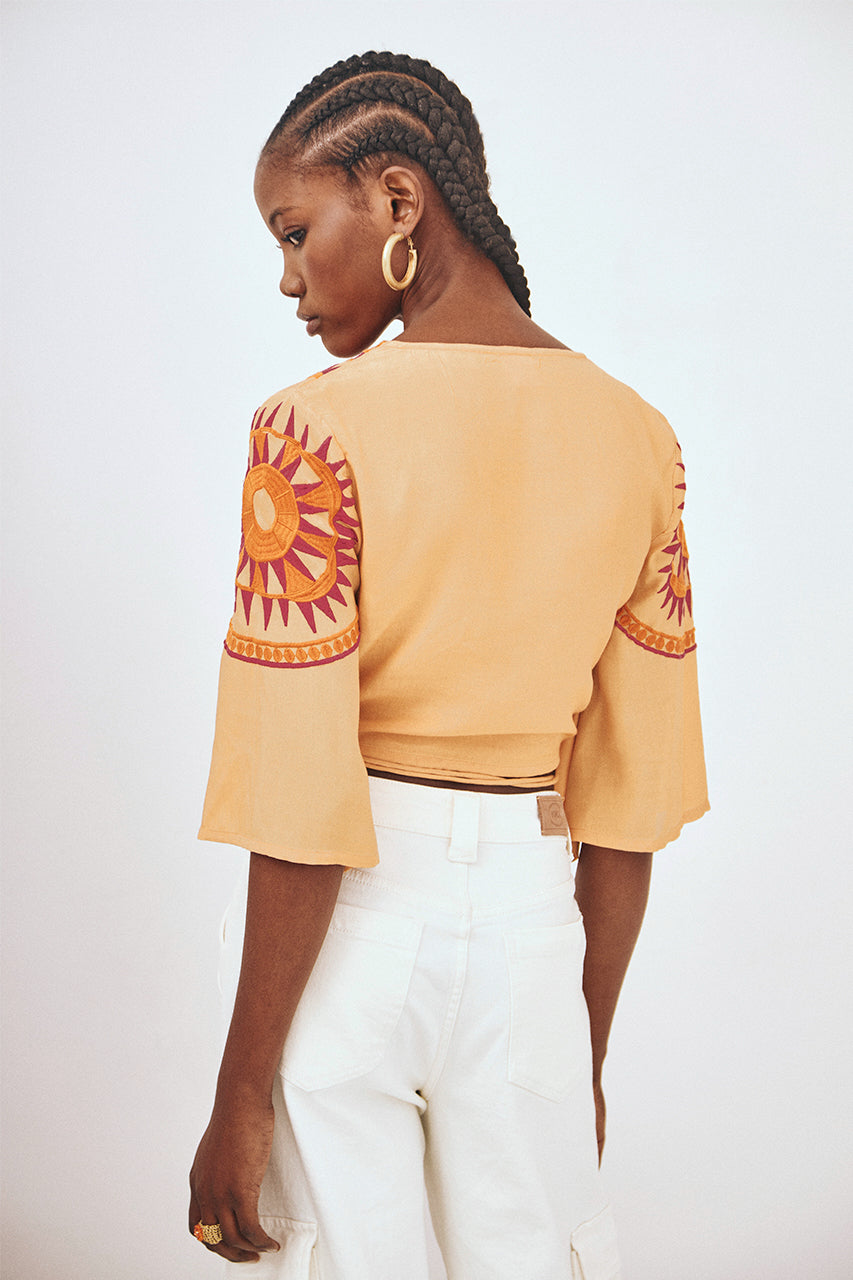EMBROIDERED WRAP CROP TOP - PEACH