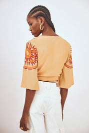 EMBROIDERED WRAP CROP TOP - PEACH
