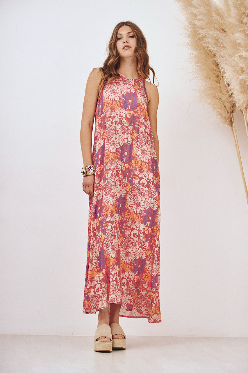 EMBROIDERED PRINTED LONG DRESS - PINK